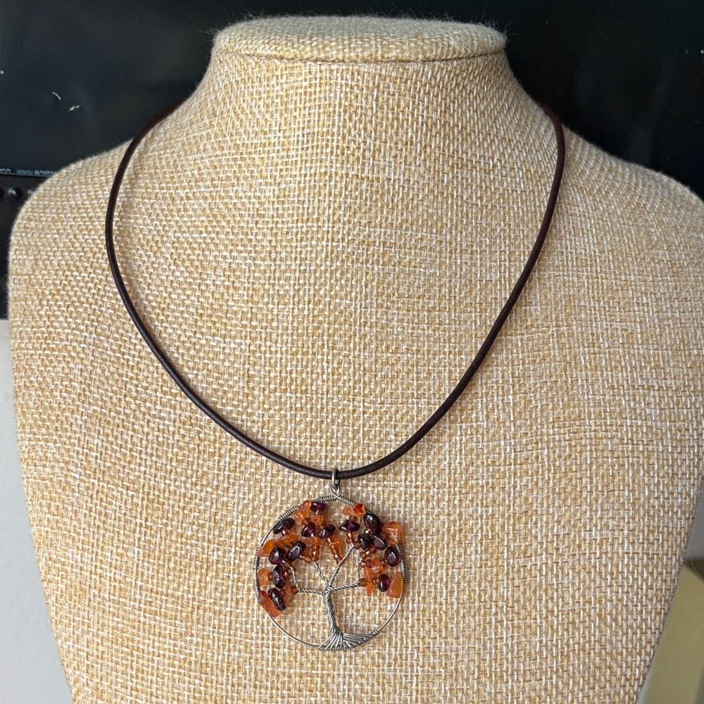 Tree of Life Amber Chip Pendant Necklace on Brown Cord